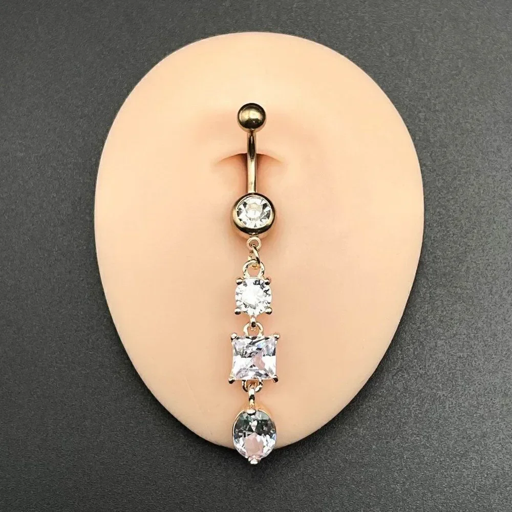 316L Stainless Steel with White Diamond Cubic Zirconia Dangling 14G Belly Ring
